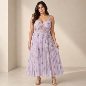 True Decadence Midi Dress Womens 16 Lavender Floral Lace Pleated Whimsical Fairy